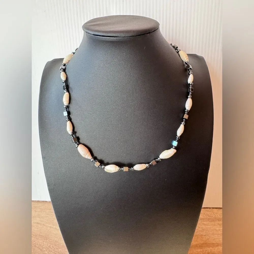 Shell & Hematite Beaded Necklace Barrel Clasp Hippie Boho Beachy